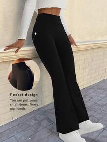 Trioutop Women's High Waisted Flare Leggings With Side Pockets, Phone Pocket Yoga Pants, Elastic Casual Sweatpants For Running - Black - View 1