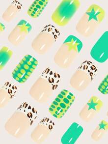 Express Your Love With 24pcs Oval Square Press On Nails Elegant Fresh Green French Style Teal Star Leopard Print French Style Pink Nails Fashion Green Gradient Green Tortoiseshell Pattern False Nails Express Your Love With 24pcs Medium Square Press On Nails - Green - View 3