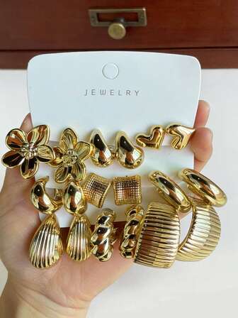 6-18pcs Gold-Tone Fashion Earrings Set, Stylish & Elegant, Suitable For Daily, Party, And Event Wear Aretes De Mujer