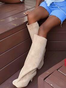 Luxury Fashion Women's Knee High Long Boots Square Toe Wide Calf Stiletto Heel Tall Boots Winter Boots Boots For Women - Apricot - View 10