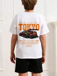 一件汽车印花短袖T恤，适合青少年男孩/年轻学生，夏季上衣