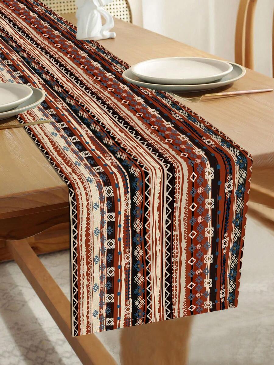 1 szt. bieżnik na stół z geometrycznym wzorem, 4 szt. podkładek z geometrycznym nadrukiem, odpowiednie na święta, imprezy, urodziny, kolacje, wystrój stołu w kuchni i jadalni, całoroczny wystrój domu i salonu - Wielokolorowe - Zobacz 1