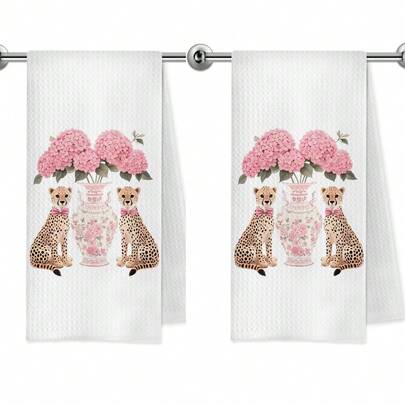 2Pcs Pink Chinoiserie Leopard Hydrangea Kitchen Towels,16x24 Inch Absorbent Waffle Kitchen Towels, Cheetah Print Bathroom Decor, Preppy Bow Leopard Hydrangea Floral Decorative Dish Tea Hand Towels For Kitchen Bathroom