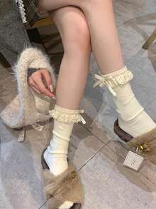 1双蝴蝶结蕾丝边短袜，可爱女童中筒袜，百搭校园/休闲风格，春秋季 - 彩色 - 查看 4