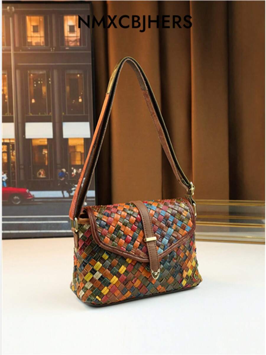 复古真皮编织拼接女士单肩斜挎包，小方包 - 彩色 - 查看 1