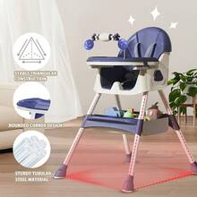 Piorlado Adjustable Height Children's High Chair  Portable Foldable Baby High Chair With Large Antislip Pad & Toy Rack Easy To Clean Feeding For Babies Infants Toddlers - 藍色 - 查看 4
