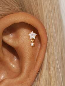 1pc 925 Sterling Silver Mini Stud Flat Back Earrings For Women | Helix Cartilage Piercing Jewelry | Dainty Star Cubic Zirconia Lotus Climber Stud Earrings For Women Jewelry Gift - Multicolor - View 5