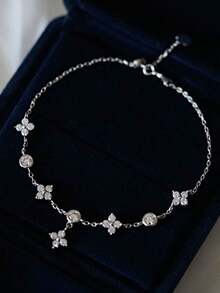 Men's Shiny Zirconia Tennis Chain Bracelet - Silver Four-leaf Clover Pendant - View 4