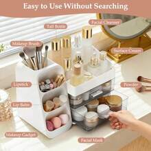 QY- Organizador de Maquillaje para Tocador con Soporte para Brochas Caja Expositora de Cosméticos con 2 Cajones Almacenamiento Amplio para Labiales y Productos de Belleza -3955 - como en la foto - Ver 2