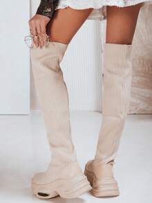 Bottes chaussettes montantes pour femmes, avec tige élastiquée, plateforme, style à enfiler, mélange de tissu et  synthétique, style sportif, construction montante et semelle résistante, adaptées à un usage quotidien. - Beige - View 4