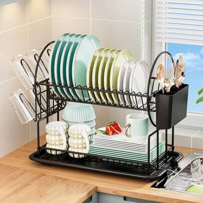 2-Tier Metal Dish Drying Rack With Drip Tray And Utensil/Cup Holder - No Drilling Required, Space-Saving Countertop Organizer | Multifunctional Kitchen Sink Organizer Rack For Plates, Bowls, And Utensils, Essential Kitchen Accessory