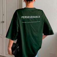 T-Shirt With "Perseverance" Print Lettering. Minimalist, Casual, Modern, Sophisticated, Simple, Basic, Summer, Oversized. - Army Green - View 11