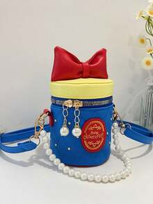 1 pièce Sac à main cylindrique de style princesse avec nœud papillon, design de niche incrusté de diamants et de perles françaises. Sangle d'épaule longue et lisse, confortable. Sac polyvalent de style coréen, convenant pour une utilisation extérieure et quotidienne, idéal comme cadeau pour la famille et les amis. - Sac seau doux - Voir 5