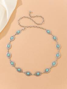 Dây chuyền thắt lưng thời trang khảm đá ngọc lam và mã não, thắt lưng mỏng trang trí cho nữ dùng để mặc váy, phong cách xuyên biên giới Châu Âu và Châu Mỹ - Màu xanh lam - Xem 2