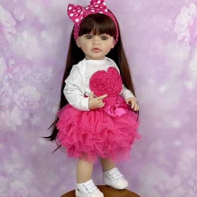 55厘米全乙烯基重生娃娃玩具，适合女孩换装，长发公主幼儿娃娃，粉色连衣裙套装，生日礼物，洗澡玩具