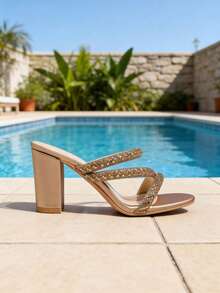 法国夏季新款露趾绑带凉鞋，女士户外拖鞋，时尚水钻高跟百搭鞋 - 玫瑰金 - 查看 3