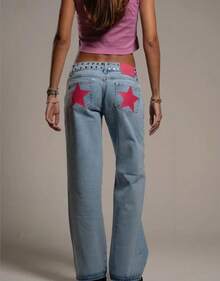 Loose Straight Pants With Star Embellished Design Jeans For Women - Hồng - Xem 1