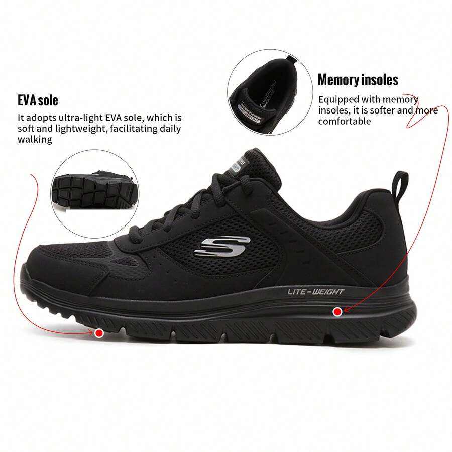 Skechers 男士休闲鞋，户外运动鞋，轻便EVA鞋底，记忆海绵鞋垫，舒适柔软轻便的日常休闲鞋，旅行鞋 8790230-BBK - 純黑色 - 查看 1