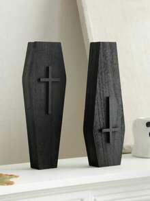 1pc/2pcs Gothic Coffin Wall Hanging Vase, Black Cross Wooden Wall Mounted Planter, Home Decor, Eerie Gothic Vase, Wall Hanging Plant Holder, Mystical Occult Aesthetic Decor, Living Room Bedroom Gothic Shelf Decor, Fashionable Dark Gothic Vase, Handmade Wooden Coffin Vase
