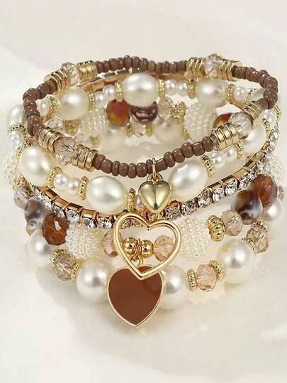 5pcs Pearl & Crystal Beaded Bracelets Set, Fashionable & Versatile Stacking Bracelet For Women