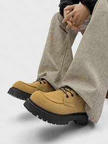 Vintage Thick Heel Casual Formal Shoes, Men's Business Low-Top Lace-Up Dress Shoes For Party, Wedding, Simple Leather Shoes Suitable For Commuting, Dating, Work - 駝色 - 查看 3