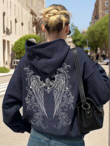 新款简约天使翅膀印花休闲圆领长袖T恤，时尚百搭，适合女士羊毛连帽T恤，秋冬 - 藏蓝色 - 查看 7