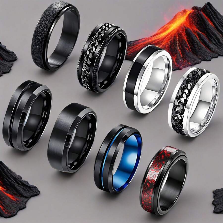 8枚男士不锈钢戒指 - 简约复古哥特风，可旋转，订婚戒指和结婚戒指，时尚饰品，201不锈钢 - 8件組戒指 - 查看 1