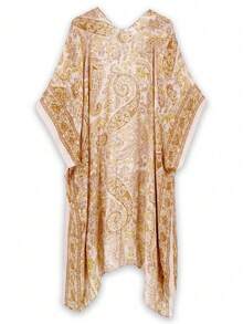 Beautiful Nomad Áo khoác ngoài tay cánh dơi họa tiết hoa điều cổ điển dành cho nữ, kiểu dáng rộng rãi, bất đối xứng, dài, thoải mái, thích hợp mặc đi làm, chống nắng, kiểu kimono rộng rãi, đi biển. - gừng - Xem 2