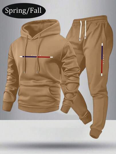 Conjunto de sudadera con capucha y pantalones deportivos con estampado de letras de París para hombres, ropa deportiva casual de moda con bolsillos y cintura con cordón, adecuado como regalo para esposo o novio, primavera/otoño