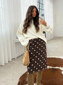 Women Satin Lace Trim Midi Skirt Polka Dot Print High Waist Long A-Line Skirts Vintage Silk Going Out Dress Y2k Streetwear Party Clubwear - 摩卡棕 - 查看 2