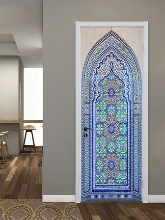 2 pièces Autocollants de porte 3D élégants, papier peint vinyle amovible et imperméable, motif bleu et blanc moderne, décalcomanies adhésives en PVC pour la décoration de la maison, 200 cm x 38,5 cm, stickers muraux pour la décoration de la maison