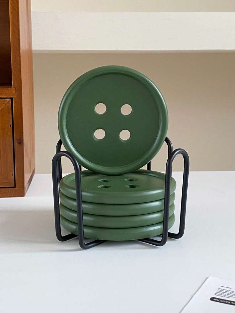 1 Conjunto de 6 Peças de Porta-copos de Botão Coloridos Originais, Porta-copos Redondos de Madeira com Tema de Dopamina e Suporte de Ferro Cruzado, Elegante Tapete para Xícaras de Café para Decoração Doméstica, Restaurante, Hotel, Cafeteria, Suporte de Porta-copos de Mesa de Jantar da Sala de Estar, Presente - Multicolorido - Visão 13