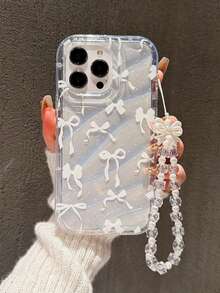 白色波点蝴蝶图案防震手机壳，配时尚手工蝴蝶结挂绳，兼容 17 Pro Max、11、12、13、14、15 Pro Max/13 Pro Max、XR、XS、16 Plus、15、14 Pro Max 等型号，国际版，非国内版 - 白色加掛繩 - 查看 2