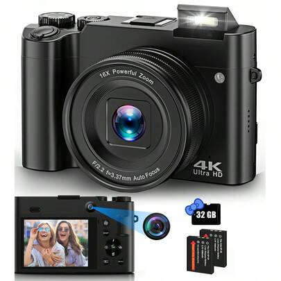 Nicamery 4K Digital Camera, 64MP Rear & Front Cameras For Photography And Video With Auto Focus & Anti-Shake, 3" Flip Selfie Vlogging Camera With Super Bright Flash, 16X Zoom Camera (2 Batteries + 32G Memory Card)
