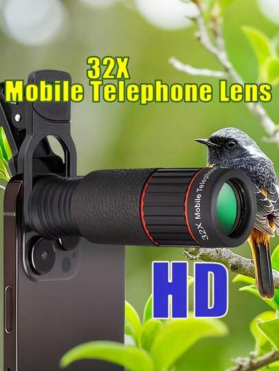 32倍便携式长焦手机镜头，配备通用手机夹，高清光学镜头，兼容大多数智能手机，橡胶材质，是旅行和摄影的理想之选。兼容和安卓手机，适用于冬季假期、旅行、创意摄影、社交媒体内容、Vlog、度假旅行工作室、户外直播、旅行Vlog视频录制、网红内容等。手机配件，手机相机镜头，摄影配件。
