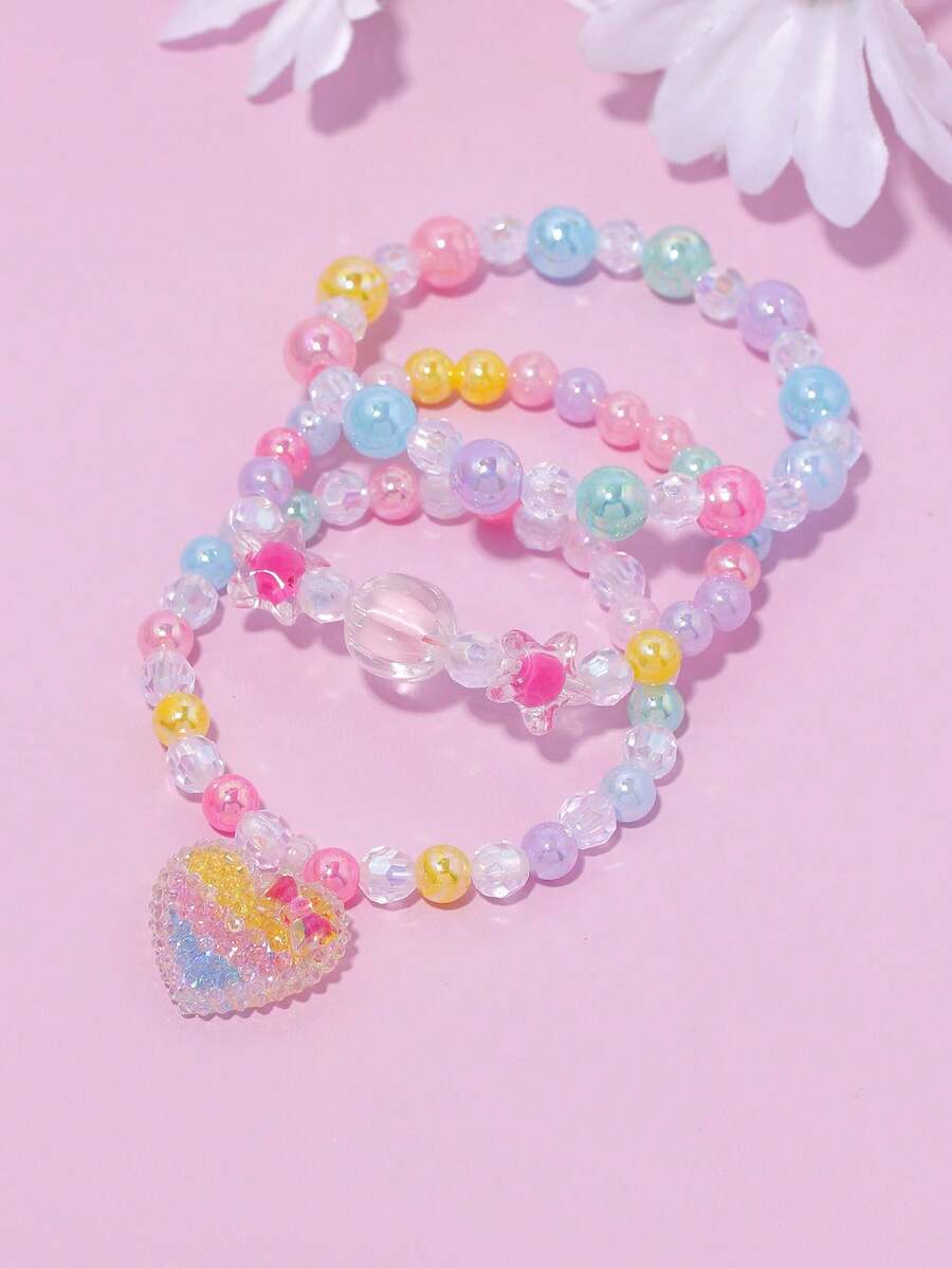 3pcs/Set Charming Love Pendant Bracelet Charming Multicolor DIY Beaded Jewelry Jewelry Bracelet Set Suitable For Girls Campus Birthday Holiday Party Gift Accessories Daily Casual College Vacation Set Colorful Beads Color Random - Multicolor - View 1