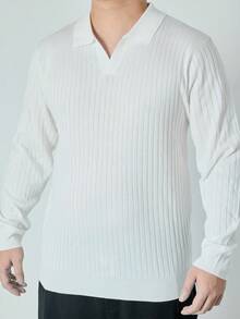 Men's Solid Color Ribbed Vertical Ribbed Collared Knit Sweater, Simple And Versatile Long Sleeve Top - White - View 2