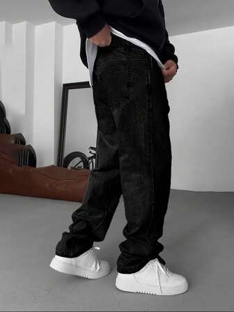 Straight Leg Cotton Washed Jeans, Versatile Wide Leg Washed Jeans, Loose Fit Straight Leg Jeans For Couples