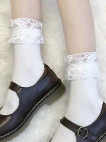 1双女士可爱图案蕾丝边日系洛丽塔中筒袜，适合日常上学、约会穿搭，甜美风格，适合拍照 - 彩色 - 查看 1