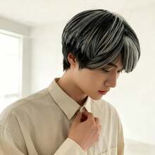 Fluffy Korean Gradient Short Straight Hair With Side Bangs Men's Short Wig, Synthetic Full Head With Clip-On Net Cap, Suitable For Party And Everyday Wear, Wig Hat - Multicolor - View 5