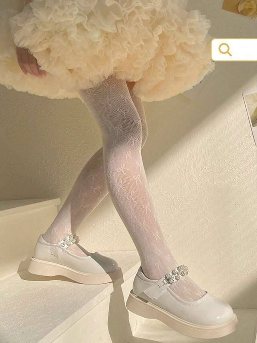 1 件婴幼儿女孩白色蝴蝶提花紧身网袜，春夏 - 白色 - 查看 1