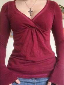 Women's Retro Style Lace Trimmed Long Sleeve T Shirt Fairy Style Slim Fit Crop Top With V Neck Shine Warm And Comfortable Streetwear Style For Everyday Wear Outings Home Music Festivals Parties Shopping Dates Christmas And Autumn/Winter Seasons - 紅色 - 查看 1