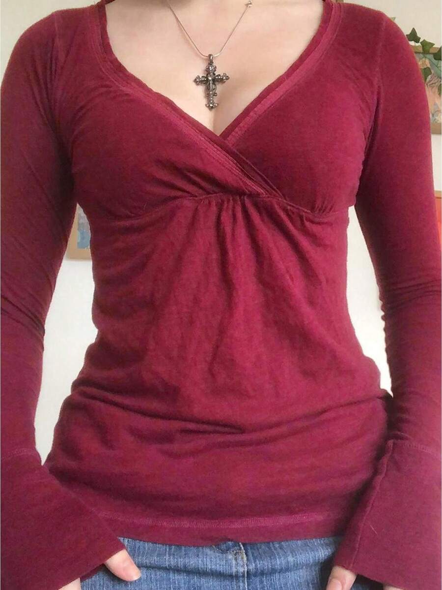 Women's Retro Style Lace Trimmed Long Sleeve T Shirt Fairy Style Slim Fit Crop Top With V Neck Shine Warm And Comfortable Streetwear Style For Everyday Wear Outings Home Music Festivals Parties Shopping Dates Christmas And Autumn/Winter Seasons - 紅色 - 查看 1