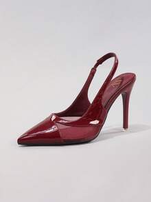 时尚蕾丝拼接高跟鞋，性感尖头超高跟晚宴派对鞋，细高跟配踝带，酒红色 - 酒紅色 - 查看 13