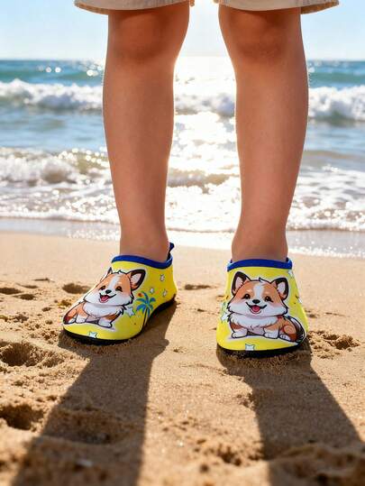 男童卡通柯基印花儿童水鞋 - 速干防滑水袜，带保护鞋底，适合沙滩游泳