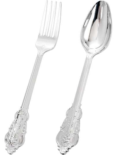 100pcs Heavy Duty Silver Plated Flatware Set With Elegant Embossed Design - Lightweight, Convenient Reusable Cutlery Set - 50pcs Silver Embossed Forks, 50pcs Silver Embossed Spoons, Suitable For Dining, Parties, Banquets, Weddings, Camping, Gatherings
