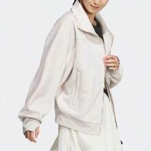 Adidas Chaqueta deportiva con cremallera de manga larga con ribete de contraste, moda de cuello alto de punto