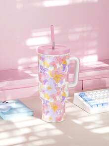 Meoky 40oz Tumbler with Handle and Straw, Insulated Cup, Vacuum Insulated Water Bottle, Tumbler with Lid and Straw, Insulated Stainless Steel Travel Mug, 100% Leak-proof, Keeps Cold for 34 Hours or Hot for 10 Houtterurs (Light pfly butterurs) - 粉色 - 查看 3