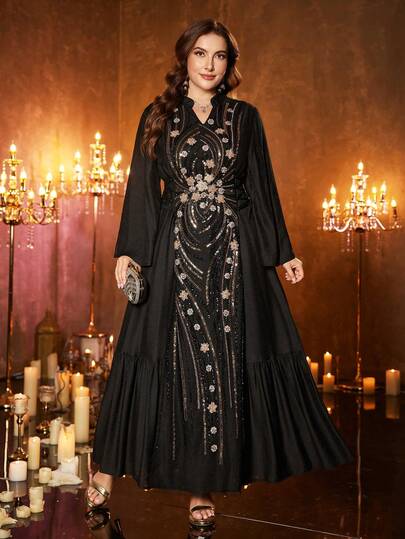  UNITHORSE Women's V-Neck Long Sleeve Belted Knit Evening Dress [Random Cut]