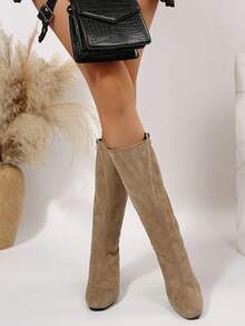 Apricot Loose Straight Shaft Boots, Side Zipper Design, Suede Classic Knee-High Boots, Chunky Heel Fashion Boots, New Autumn/Winter Slip-On Comfortable Breathable Versatile Women Knee Boots - Apricot - View 7